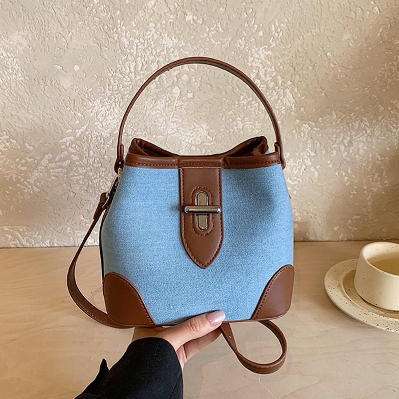 Stylish Denim Bucket Bag Women - Casual Shoulder Tote With Lock PU Leather Blue Brown Combo