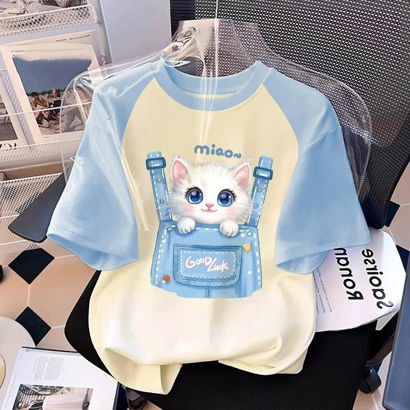 Cartoon Kinder Erwachsene Tier Katze Bedrucktes T-Shirt Sommer Damenmode Mädchen Kurzarm T-Shirt Oberteil Pullover Kleidung