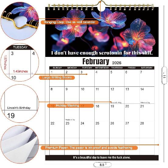 2026 fuck it calendar,refrigerator calendar Jan 2026 - Dec 2026,12-Month calender Spiral Bound,11" x 8.5",Twin-Wire Binding - Home Office Hanging