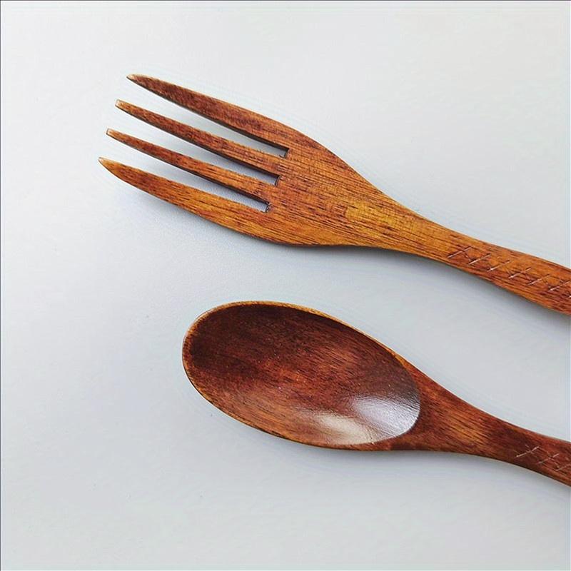 2PCS Marine Style Nanwood Fishtail Handle Wooden Spoon Fork Set Solid Wood Handmade Pattern Dessert Fruit Salad Fork Family Hotel Banquet Tableware