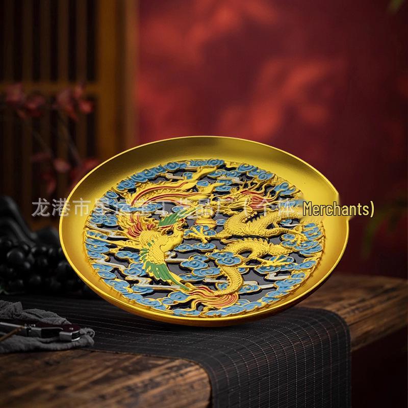 Drache & Phönix Wohlstand Cloisonné-Teller: Vier Göttliche Bestien Design für Heim- oder Bürodekoration