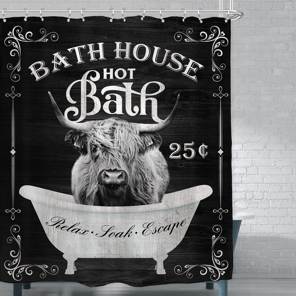 Highland Cow Shower Curtain Rustic Farm Animal Cattle Donkey Pig Chicken Flower Plant Leaves Sunflower Bathroom Decor with Hooks