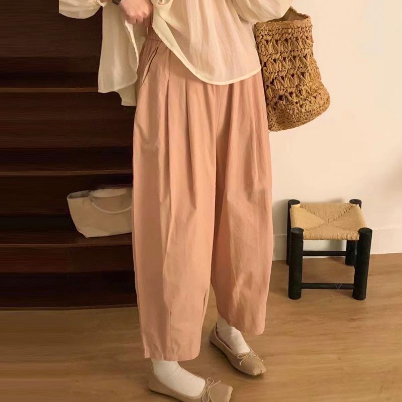 Cotton UL Japanese Style Women's Wide Leg Carrot Pants with Elastic Waist, Petite Loose Fit, Suitable for Spring, Summer, and Autumn.