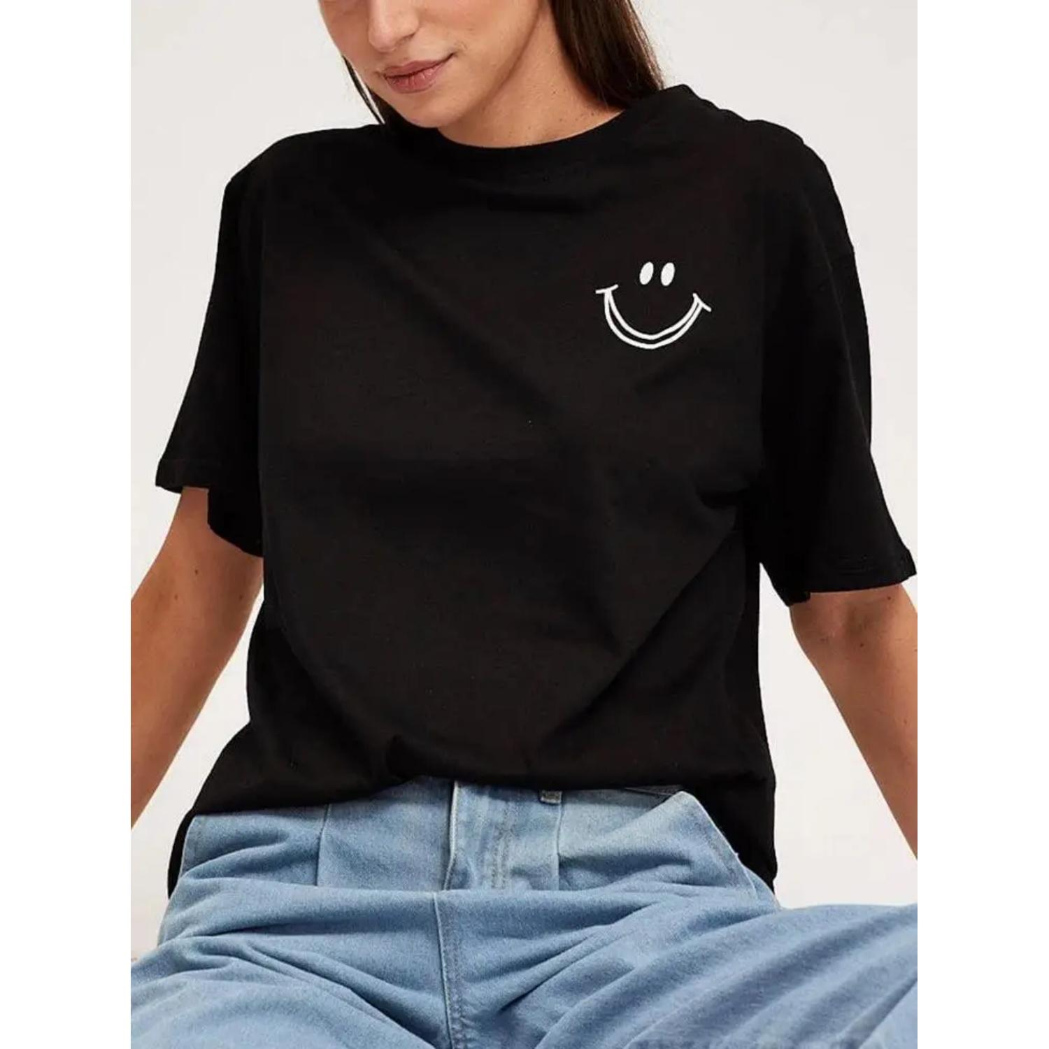 

Plus Size 2024 Spring And Summer New Women s Round Neck Smiley Pattern T-shirt Casual Loose Short-Sleeved Top Polyester 1232 S чёрный