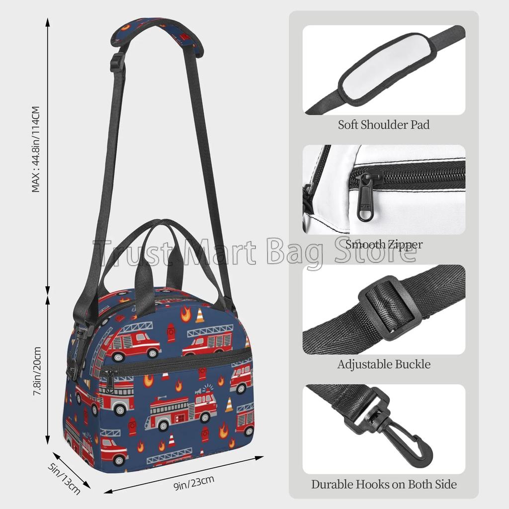 Cartoon Fire Trucks Pattern Insulated Lunch Bag Reusable Thermal Cooler Bag for Adults Kids Bento Tote Bag with Shoulder Strap