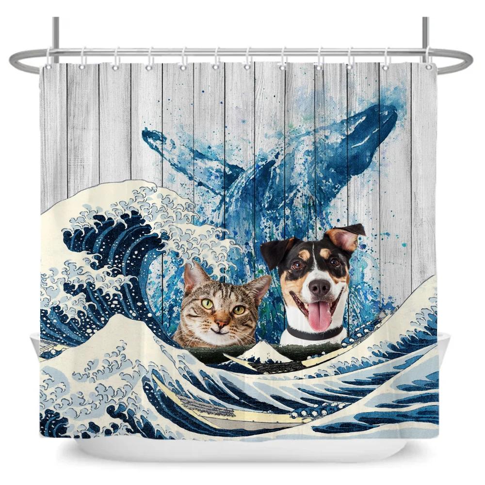 Lustige Hund Dinosaurier Duschvorhänge Cooler Katze reitet Dinosaurier Japanische Ozeanwelle Kinder Badezimmervorhang Raumdeko Mit Haken