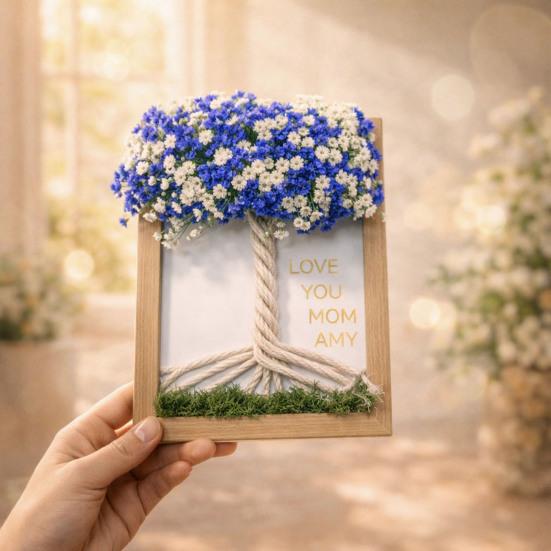 Dřevěný DIY fotorámeček s umělým kyticí gypsophily pro obývací pokoj, ložnici, kancelář, domácí dekoraci stolu, dárky ke Dni matek pro maminku, ženy