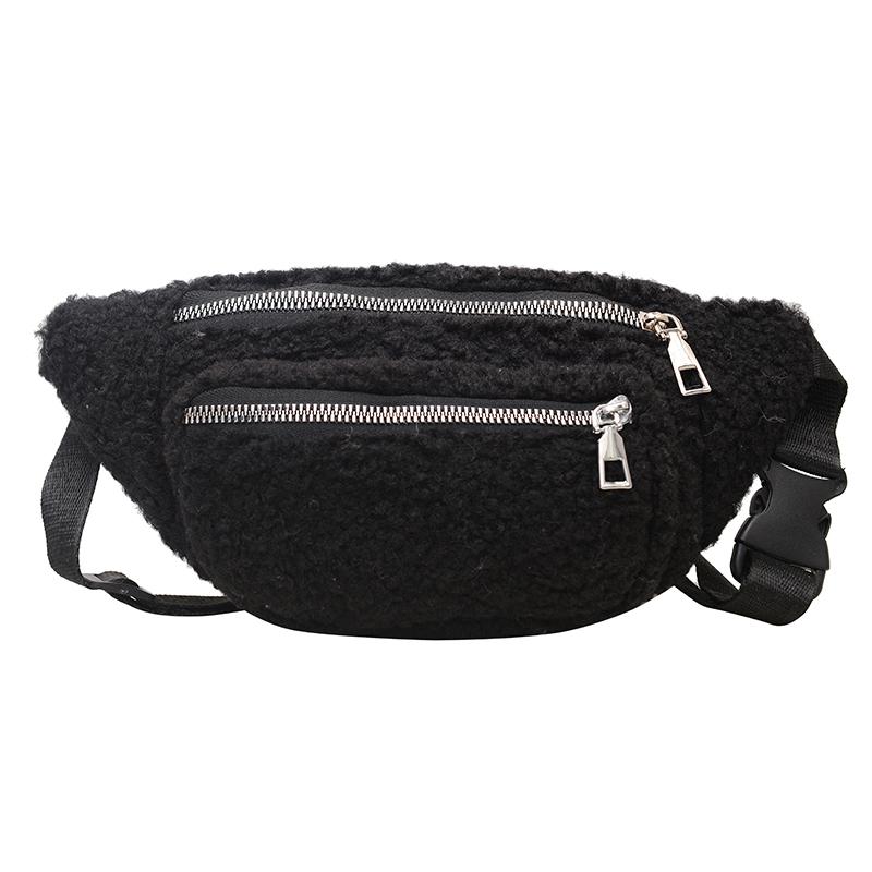 Winter Pluche Taille Tassen voor Vrouwen Mode Luipaard Patroon Borsttas Dubbele Rits Riemtassen Vrouwelijke Banaan Heuptas black