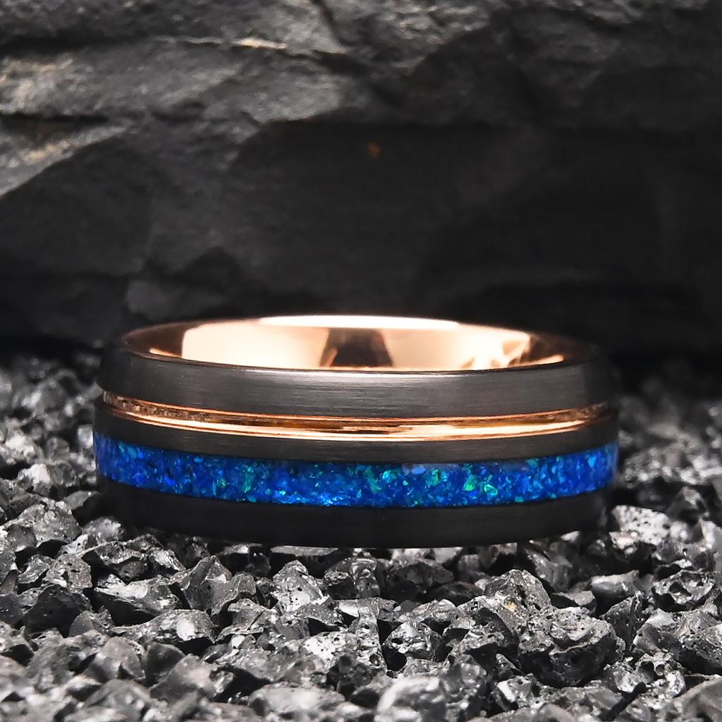 8mm Tungsten Carbide Rings for Men and Women rosegold Groove with Blue Opal Men's Wedding band  Comfortable to Wear
