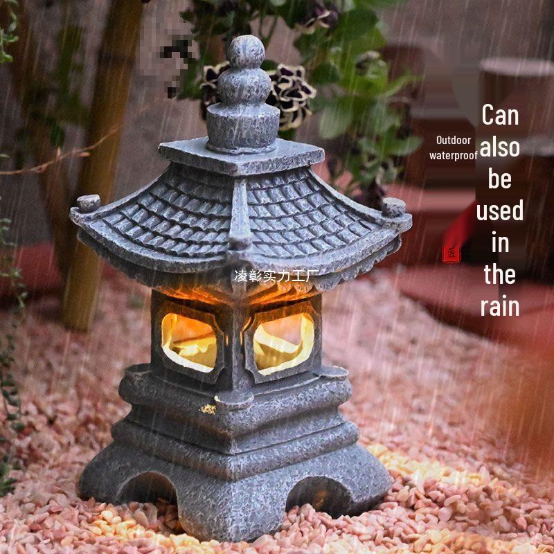 Antique Solar Garden Pagoda Lantern – Chinese Stone-Style Outdoor Decor