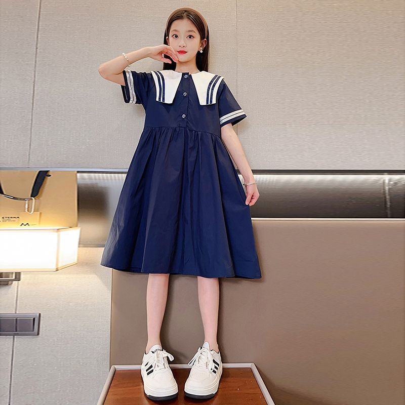 Girls Summer Navy Collar Short Sleeve Dress Preppy Princess for Big Kids 110