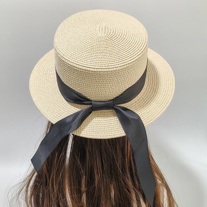 New summer straw hat encryption bow straw hat sun hat sun hat sun hat casual flat top hat versatile big eaves hat