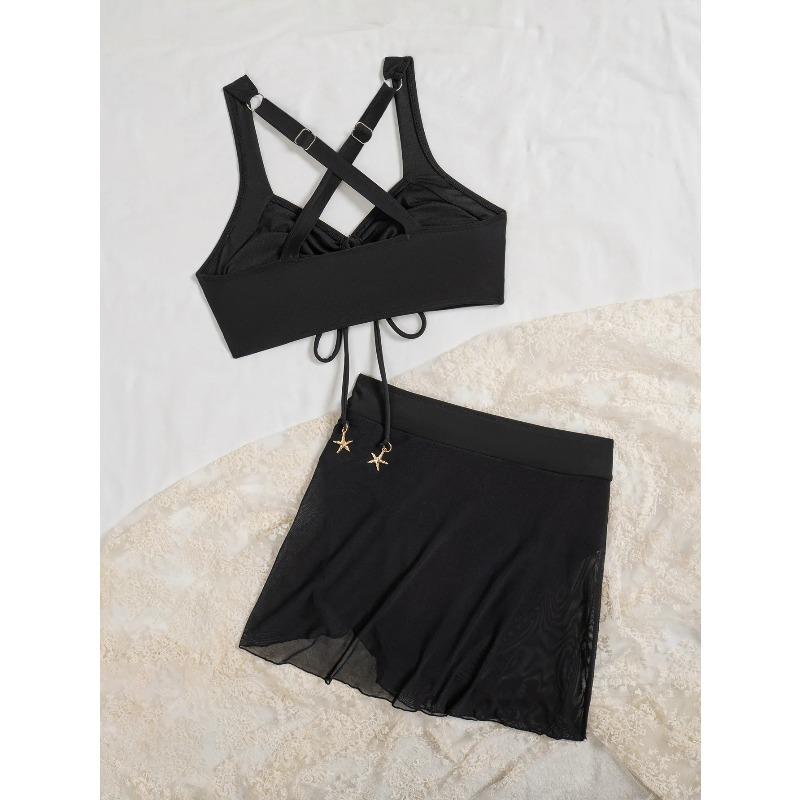 Vintage Black Two Piece Bikini Set 2026 Women Pleate Drawstring Push Up High Waist Skirt Swimwear Beach Bathing Suit Swimsuit