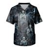 Men's Halloween Print V-Neck Scrub Top with Pocket Short Sleeve Uniform Shirt