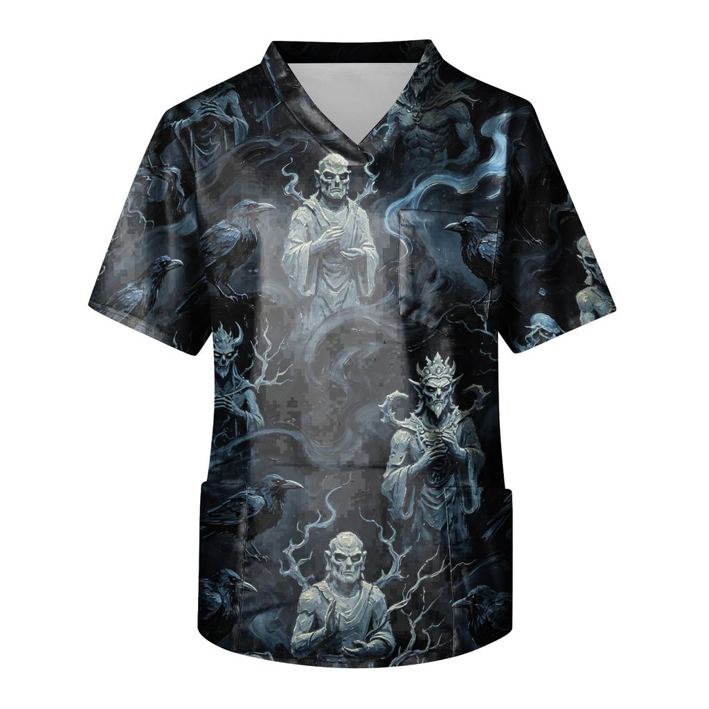 Men's Halloween Print V-Neck Scrub Top with Pocket Short Sleeve Uniform Shirt