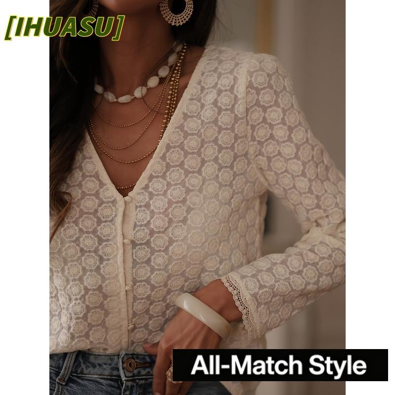 IHUASU Damen Mode Lässige V-Ausschnitt Langarm Blusen & Hemden