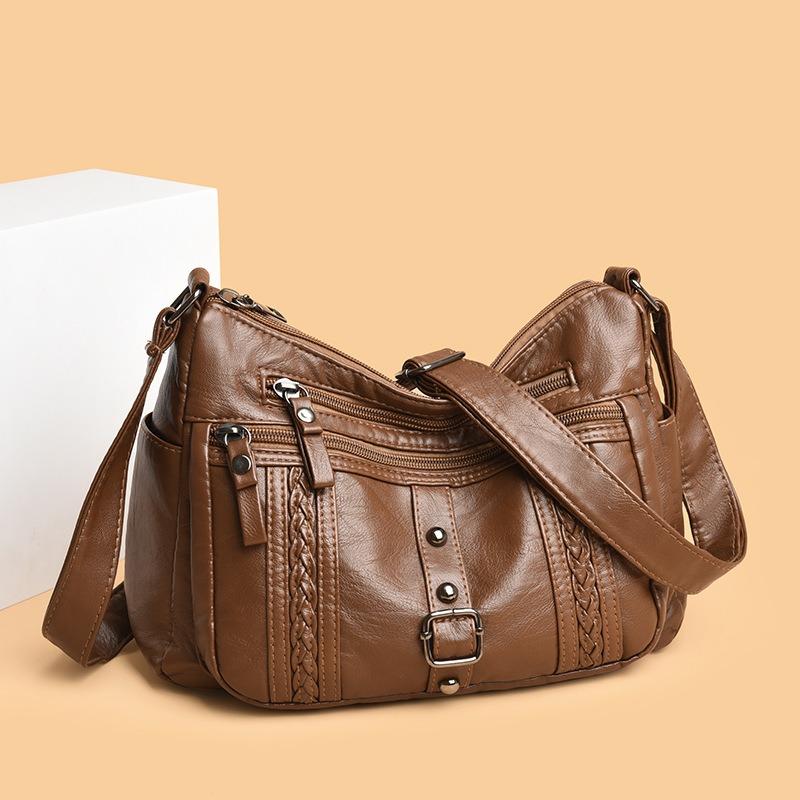 Retro washed leather bag, new fashion middle-aged mother bag, large capacity, multi-compartment women's messenger bag