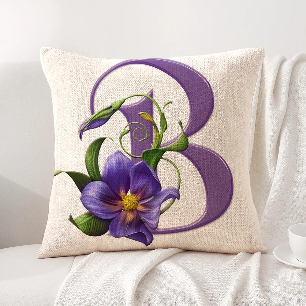 Simple Purple Flower Letters Cushion Cover Natural Linen Organic Fabric DoubleSided Printing Sofa Home Decor Breathable