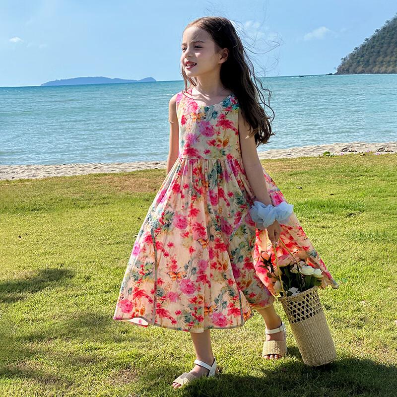 Girls' Pink Floral Cotton Sleeveless Princess Dress
