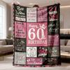 1pc Women'S 60th Birthday Flannel Blanket | Pink & Black Plaid with Happy 60th Birthday Design, Best Wishes Messages, Heart Motifs, Machine Washable,