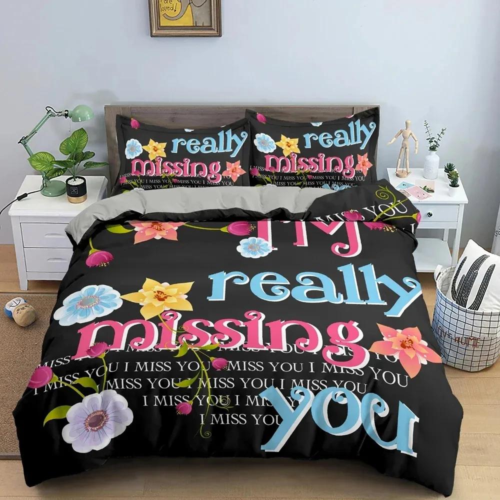 

Beautiful Flowers Love Duvet Cover Set For Bedroom Decor Luxury Bedding Set English Letters Background King Bedclothes 3Pcs 70x133cm 2pcs