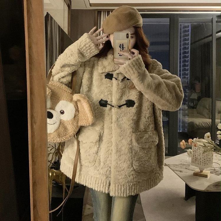 Women Oversize Fleece Coat Thickened Plush Windbreaker Jacket Casual Autumn Winter S бежевый
