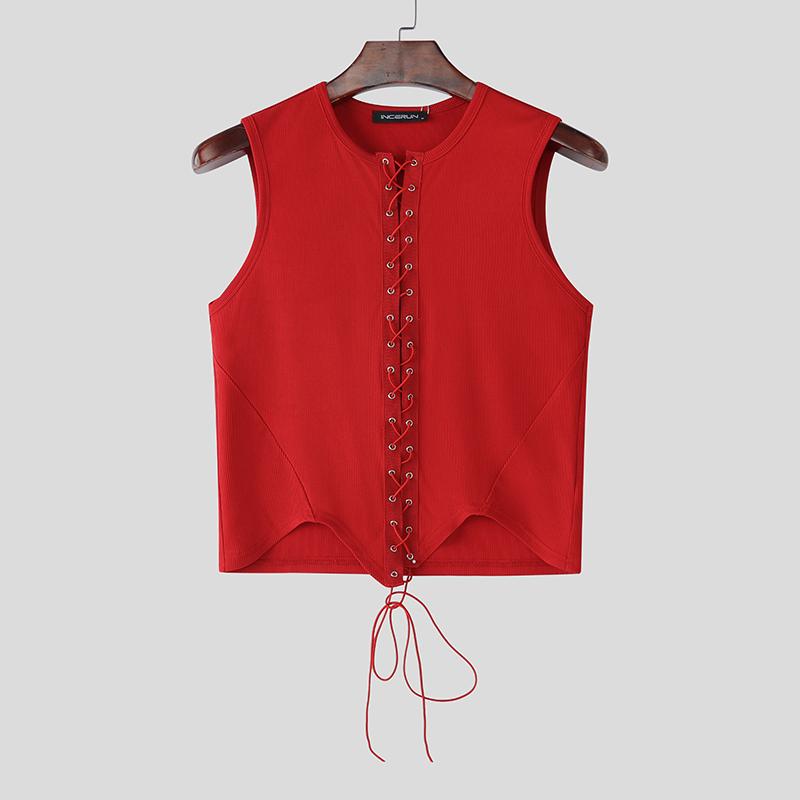 

INCERUN Men Summer Sleeveless Bandage Lace Up Irregular Skinny Crop Tank Tops 3XL красный
