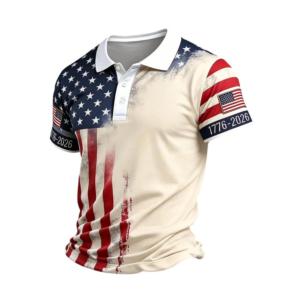 Men's Casual Quick Dry Mesh Golf Polo Shirt Short Sleeve Lightweight Breathable Button Down Top 1776-2026 Flag Print