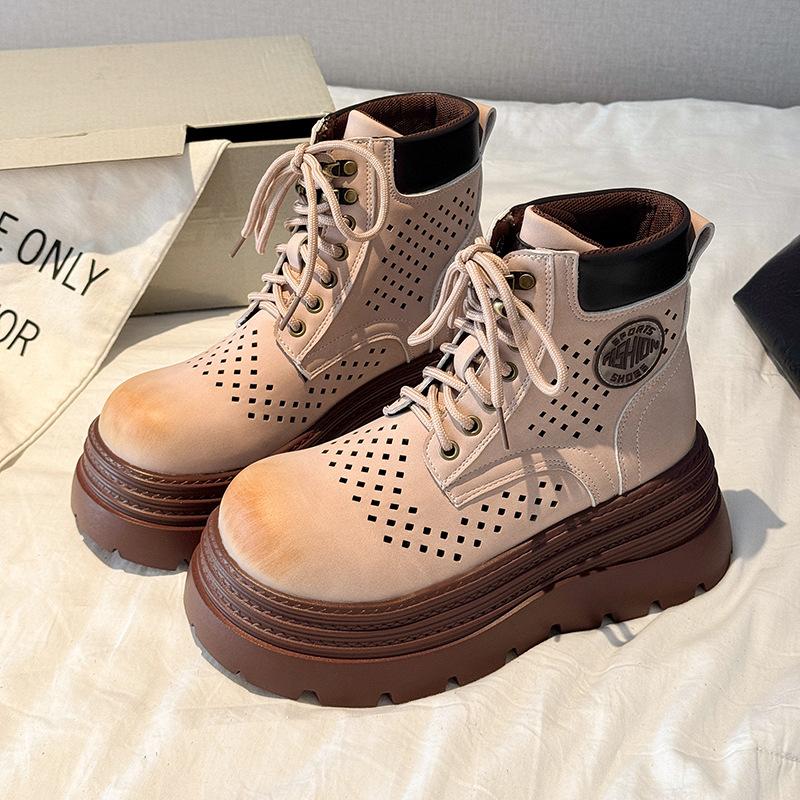 British style retro polished Martin boots women's 2025 new hollow breathable thick-bottomed mountaineering tooling rhubarb boots