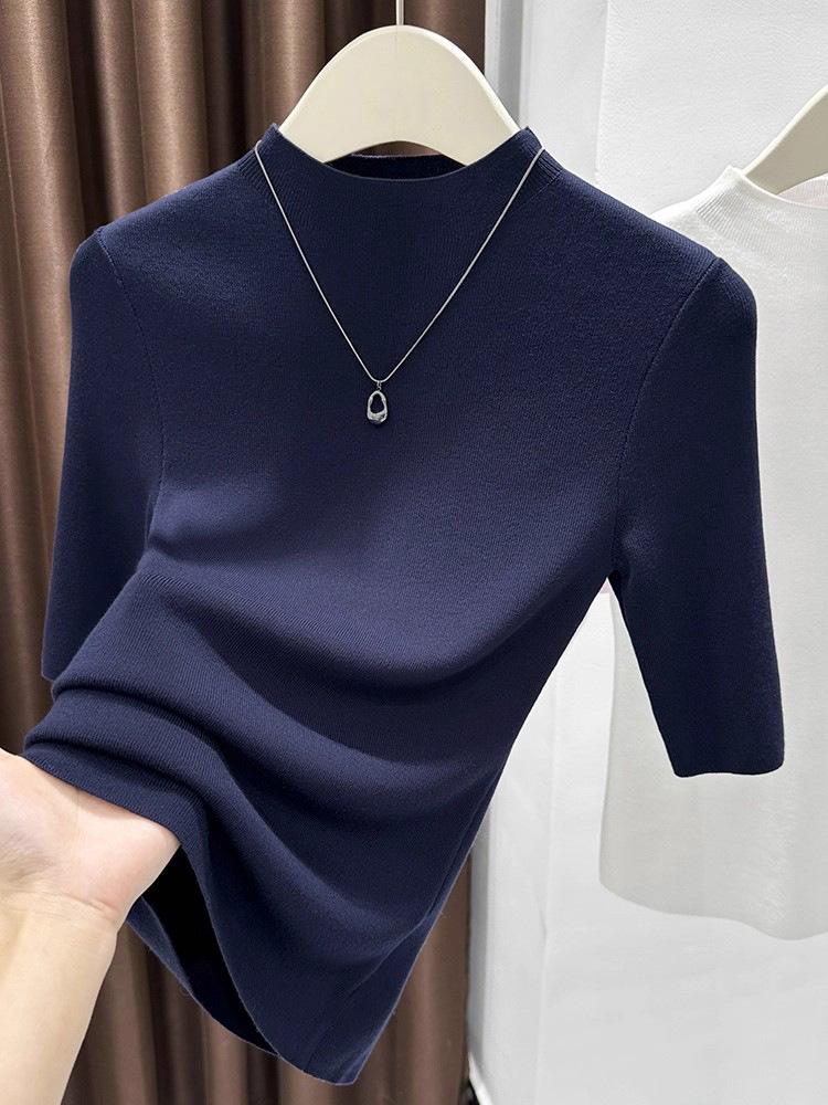 Women's Navy Blue Mid-Sleeve Sweater - Elegant High-End Knit Top with Stand Collar