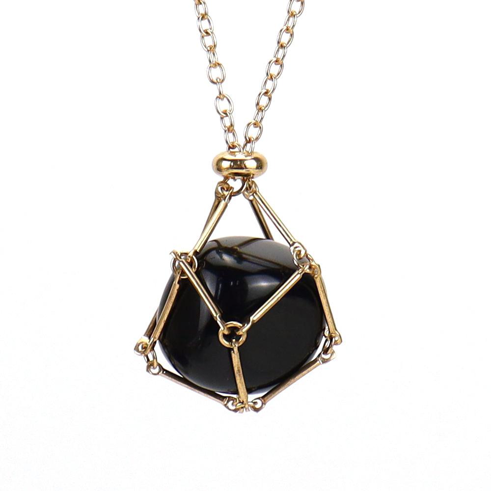 Crystal Rough Stone Handmade Adjustable Stainless Steel Metal Bamboo Mesh Pocket Necklace Woven Pendant N683