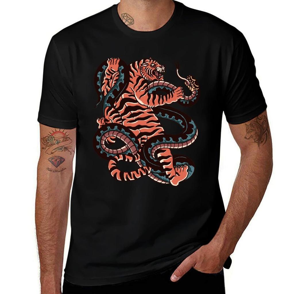 Tiger Versus Snake Traditional Tattoo Tshirt Festival Short Sleeve Tshirt