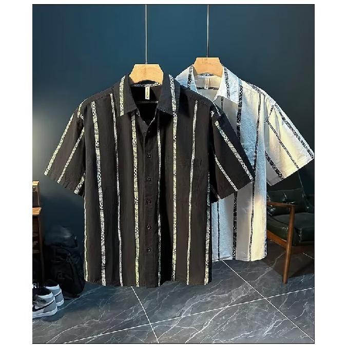 Spring Summer Men's Striped Top Cool Breathable Business Commuter Turn-down Collar Short Sleeve Shirt