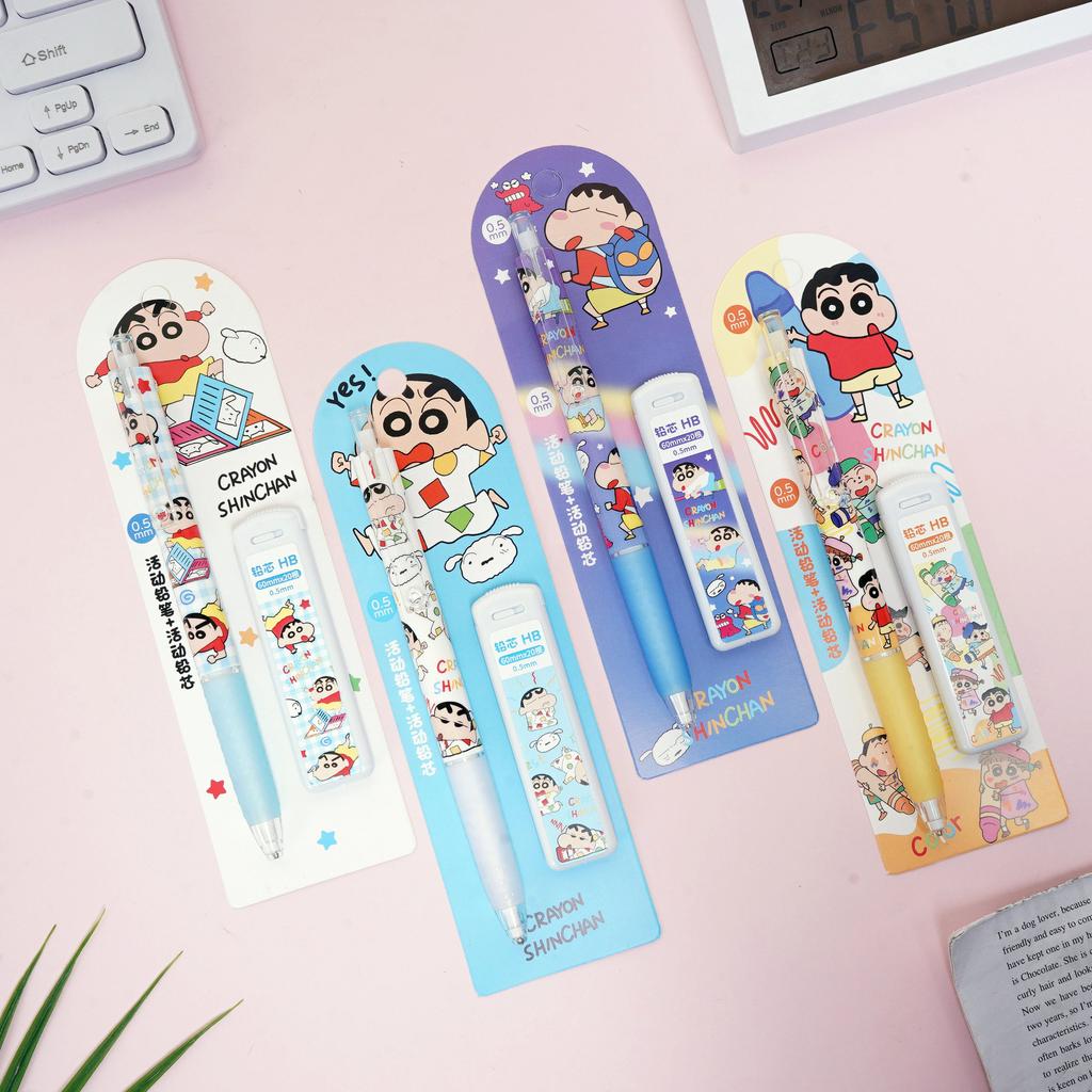 Crayon Shin-chan Mechanical Pencil Set 0.5mm Cute Cartoon Press Pencil No Sharpening Student School Stationery Gift Supplies