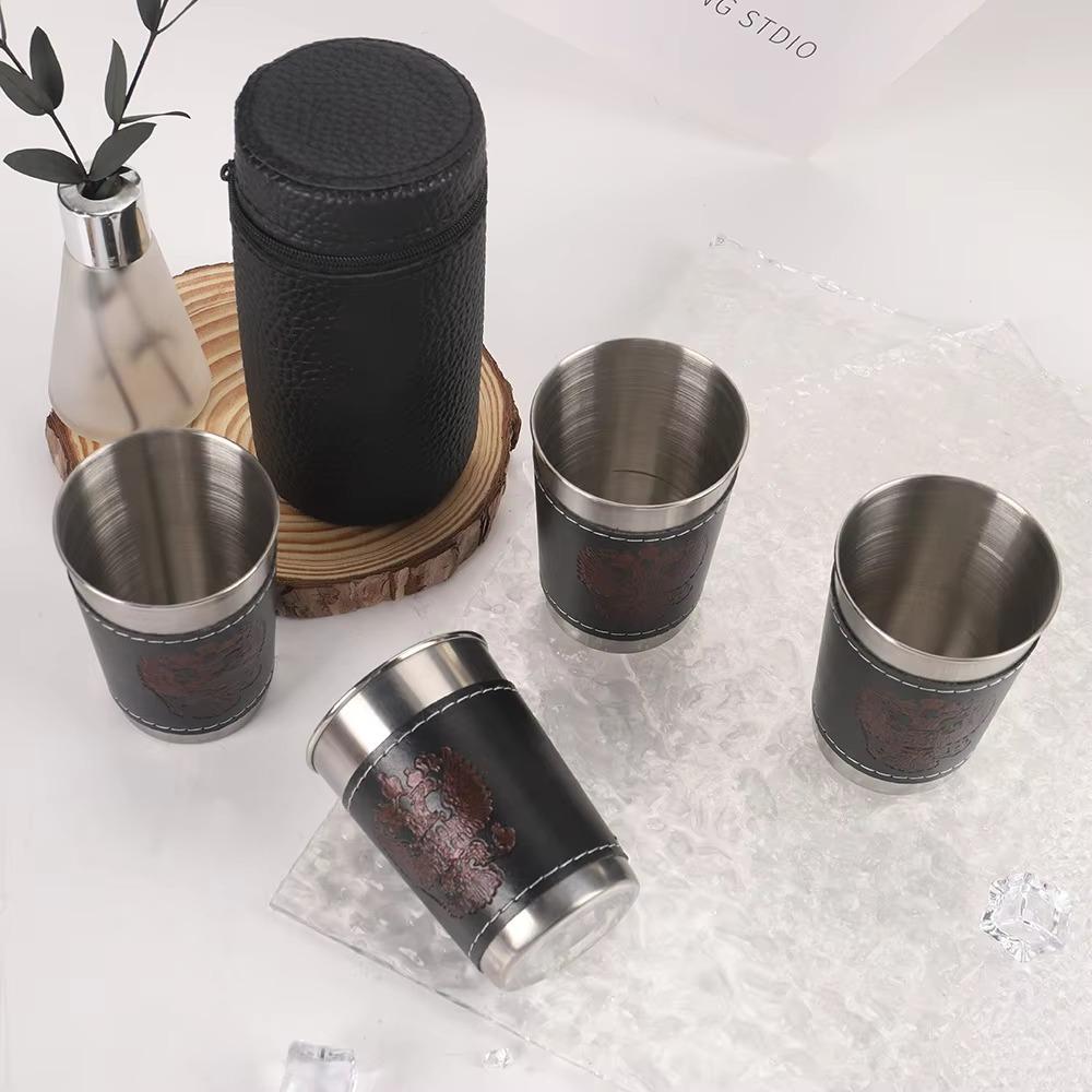 4Pcs Portable Outdoor Travel Cups Set Stainless Steel Portable Design Coffee Cup with PU Leather Cup Sleeve Beer Cup Camping