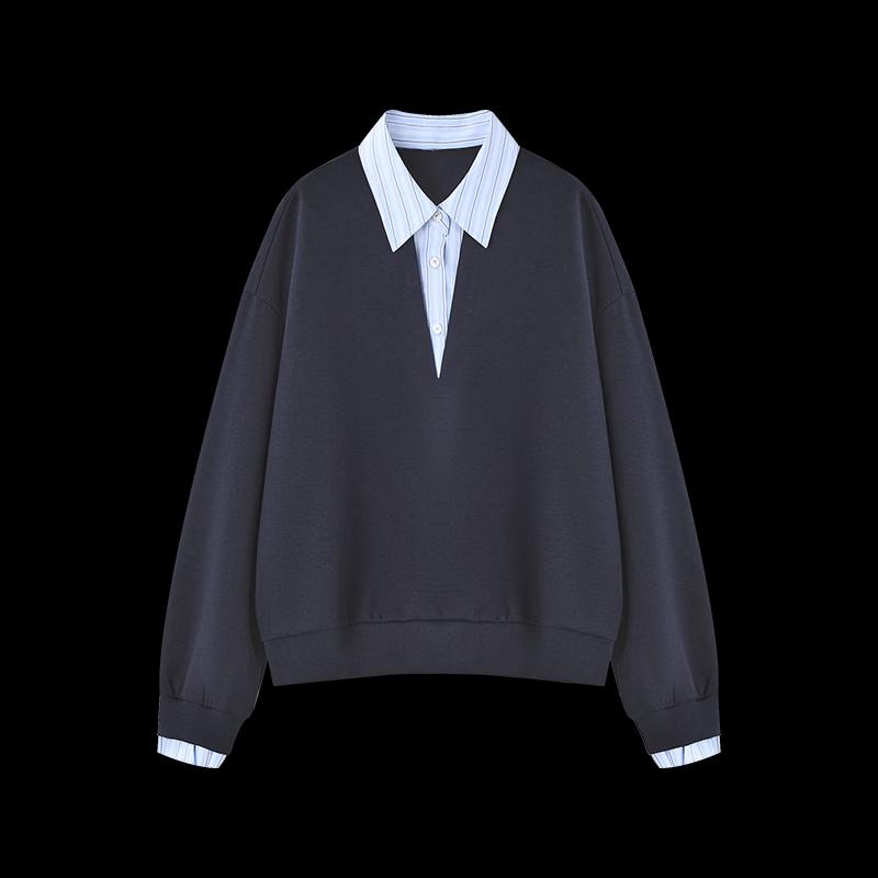 Women's Contrast Patchwork V-Neck Faux Two-Piece Pullover Sweatshirt
