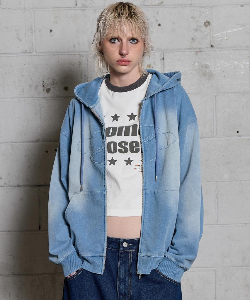 Hoodhood Clover Logo Applique Washed Denim Zip-Up Hoodie Light Blue