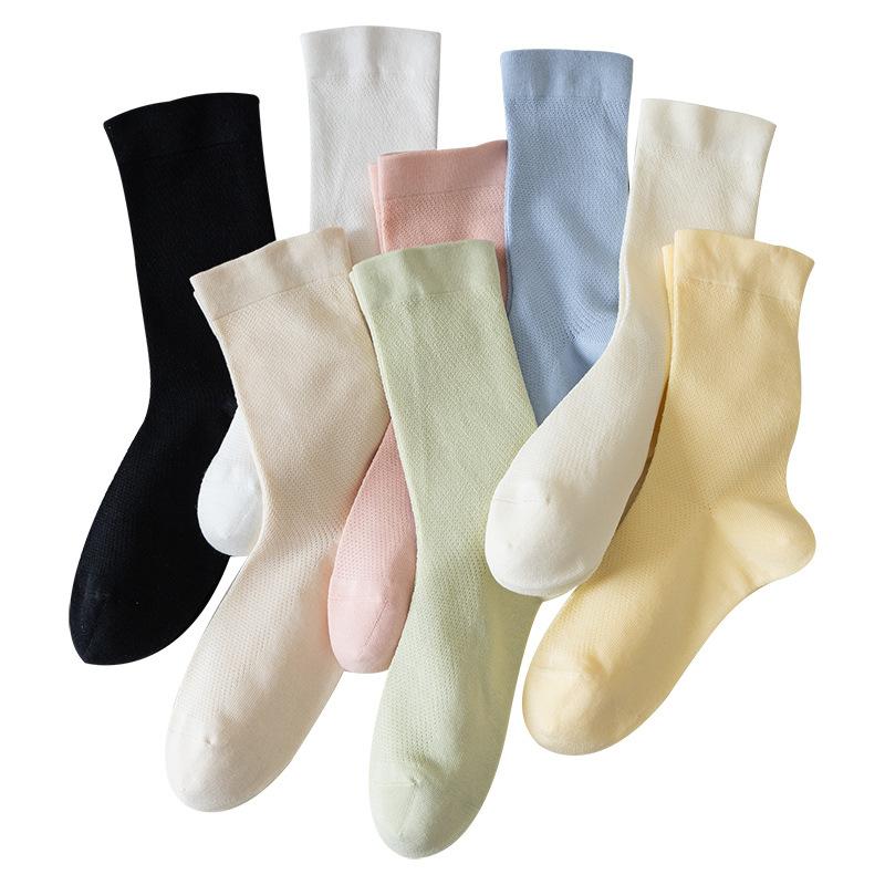 5 Pairs White Socks Women Summer Thin Cotton Mid-calf Socks Mesh Breathable Cool Feeling Fragrance Antibacterial Anti-odour Monthly Stockings