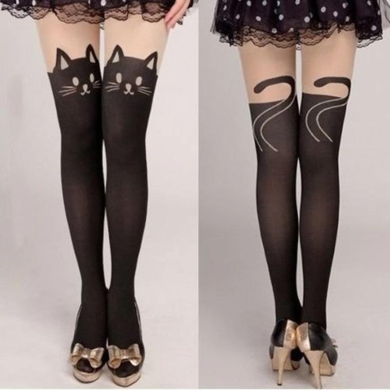 Women Cute Black Cat Printed Knee Socks Casual Thigh Cotton Warm High Over Knee Socks Cute Romantic Socks Lady Cat
