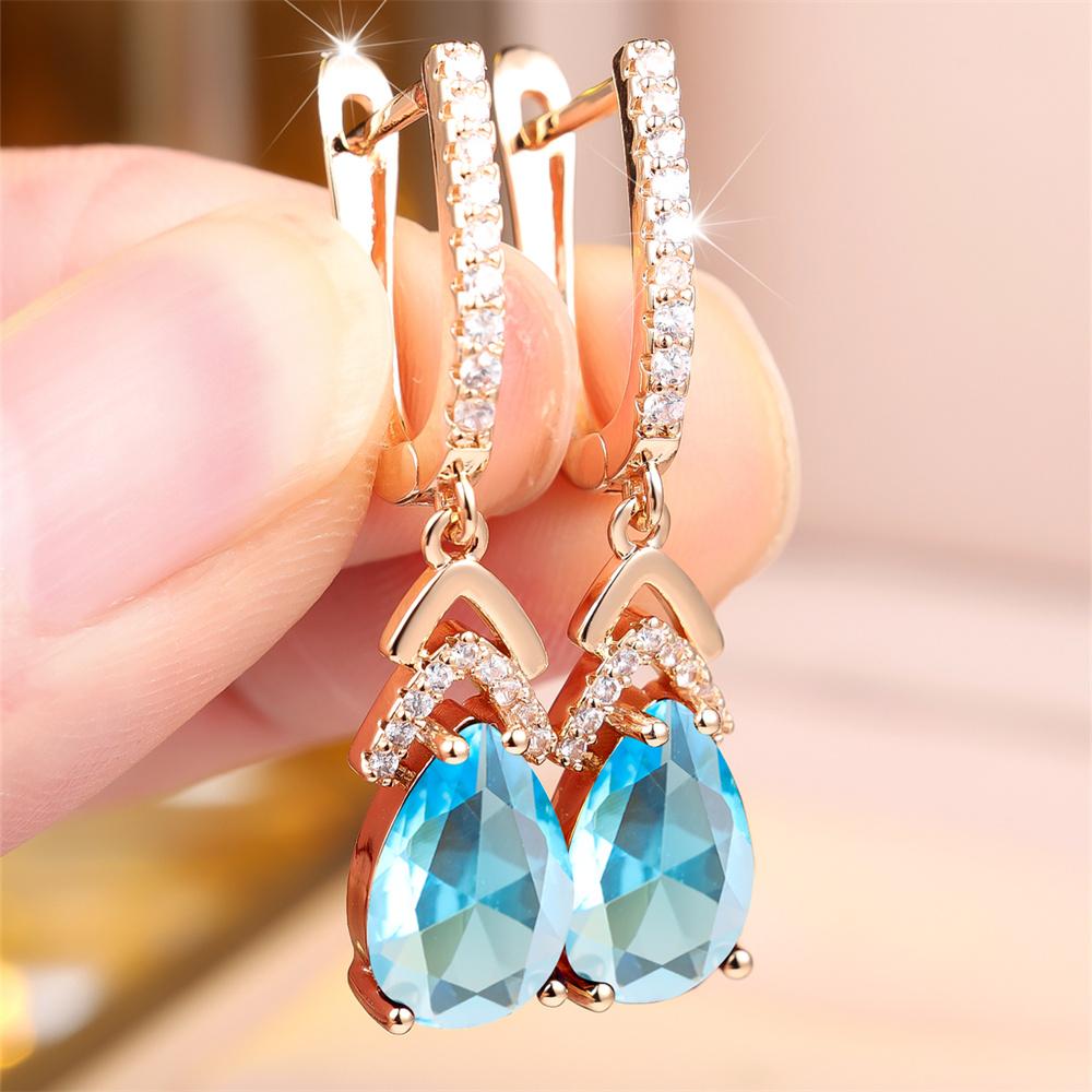 Aqua Blue Crystal Water Drop Stone Pendant Hoop Earrings For Women Multicolor Zircon Gold Color Ear Buckle Wedding Jewelry Gifts