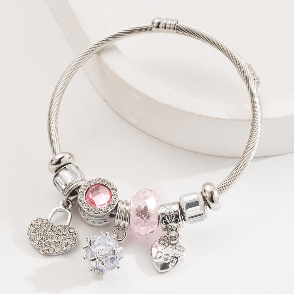 Stainless Steel Bow Heart Geometric Diamond Bracelet - Versatile, Fresh, and Beaded for Women