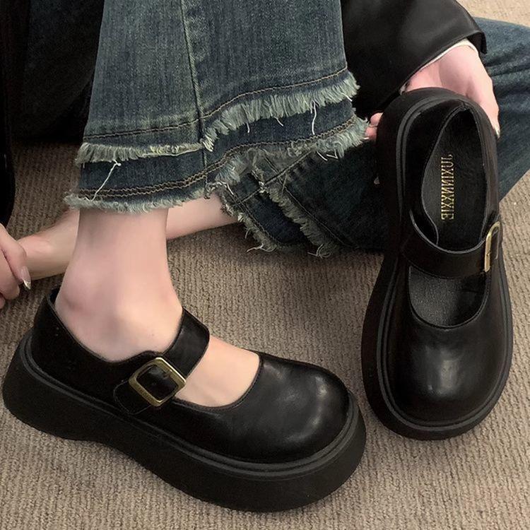 thick-soled black light-mouth small leather shoes for women's autumn new versatile Mary Zhenzi with skirt single shoes