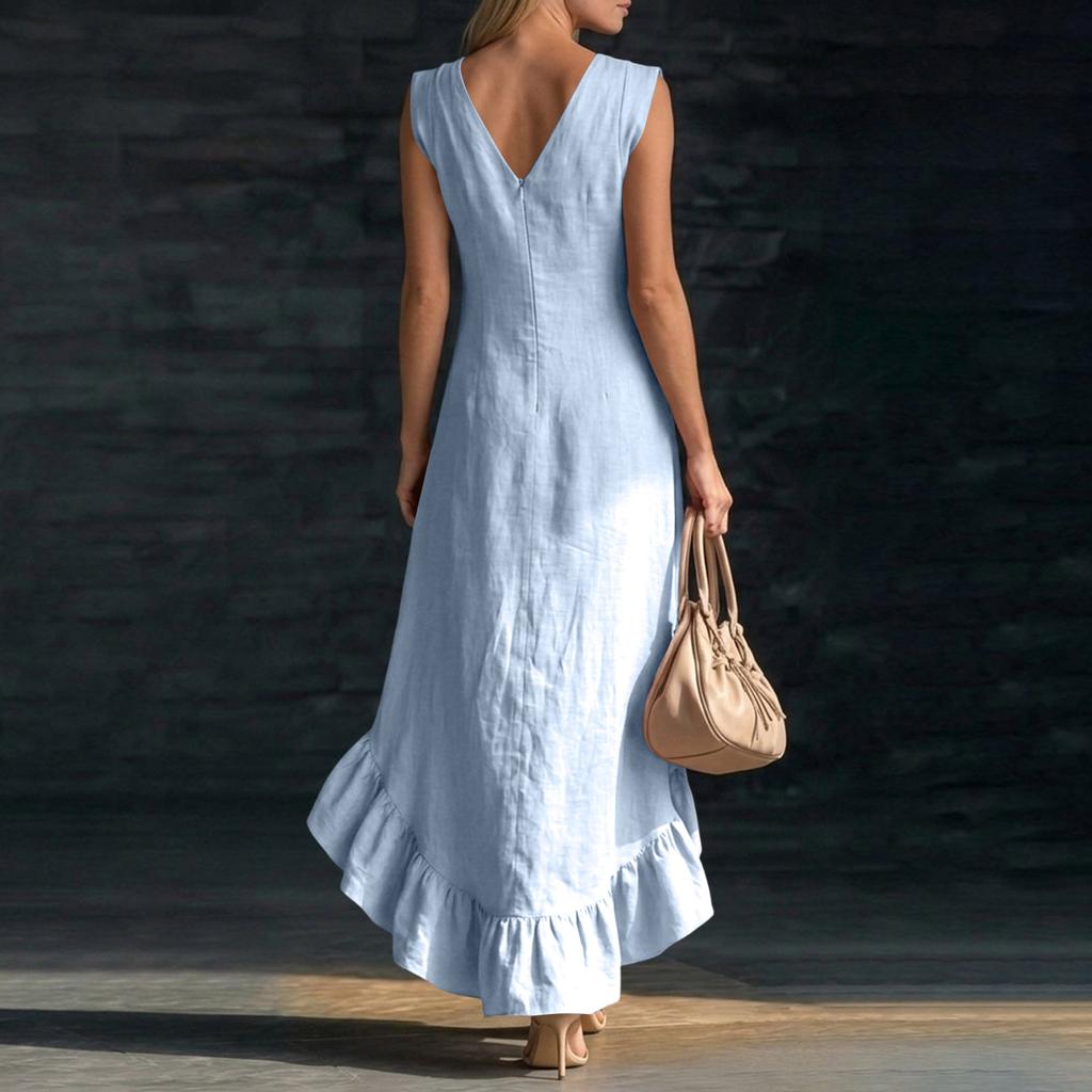 Ladies' Casual Sleeveless V-neck Ruffled Hem Cotton Linen Long Dress