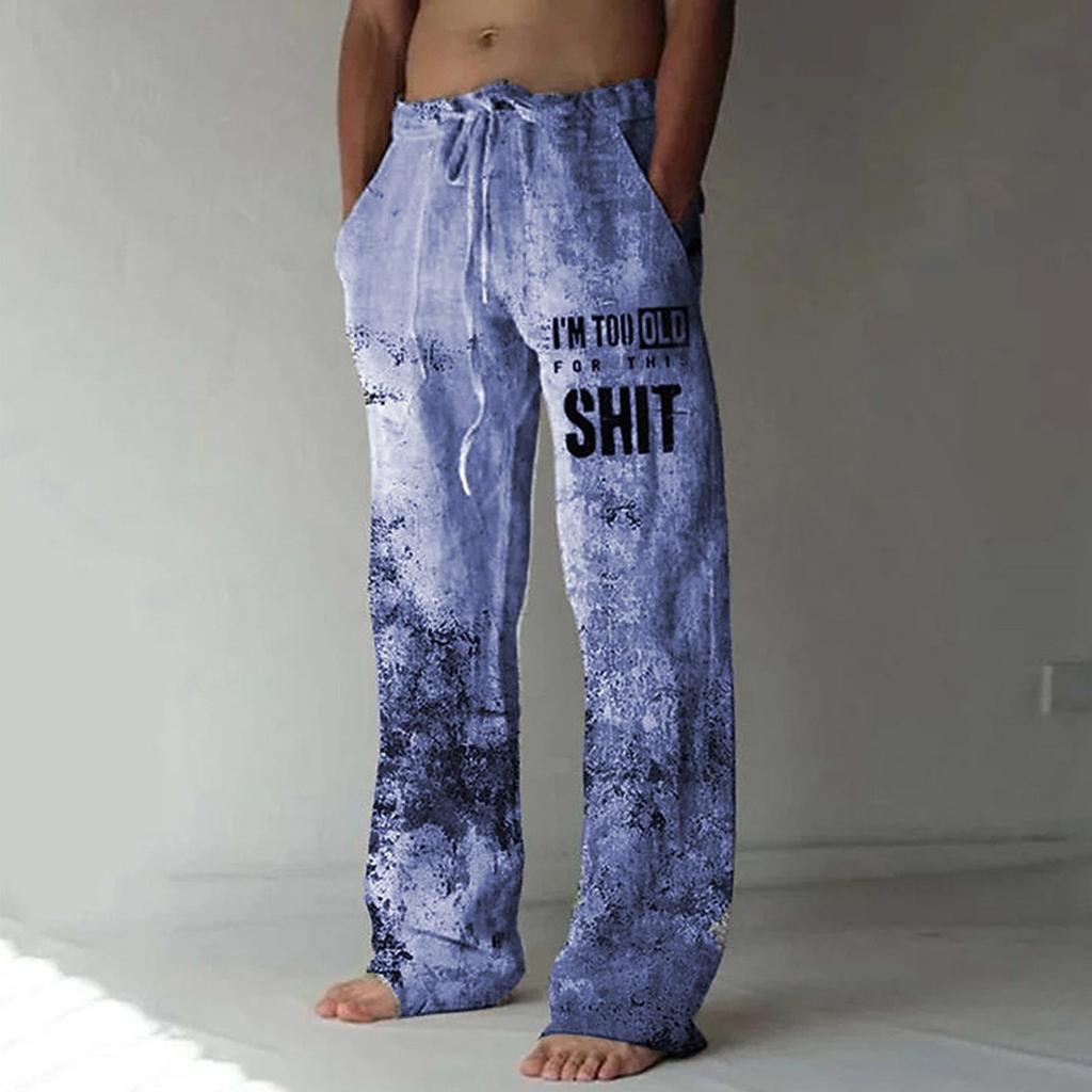 Retro Fashion Printed Men's Casual Pants Beach Men's Loose Casual Men's Pocket Pull Rope Linen  Sports Pants