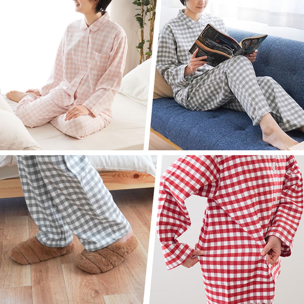 Cotton Pajamas Long Long Full Button Size Pink Gingham Hollow [Kodawari Anminkan] Women's 100% [Hotel-Quality 5-Star Pajamas] Women's Sleeves, Pants,