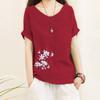 Women's Cotton and Linen Blouse, Large Size Short-sleeved, with Pockets and Lily Flower Printed Cotton and Linen T-shirt