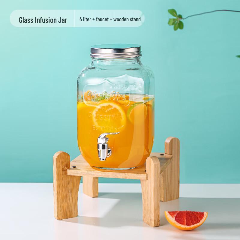 Changbaosen 4L Glass Cold Water Pitcher with Tap and Wood Stand