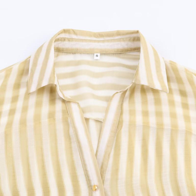 Womens Casual Loose Fit Striped Long Sleeve Button-Down Shirt With Turn-Down Collar Office Daily Wear