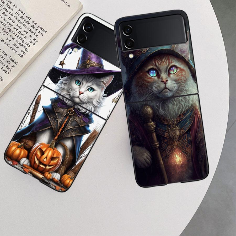 Halloween Magic Cat Phone Case For Samsung Z Flip 7 6 5G Galaxy Z Flip 5 4 3 Black Hard Cell Cover Luxury PC Shell Coque