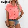 Pure Color with Buckle Lapel Shoulder Pleated Pocket Insert Shoulder Short Sleeve Top Inch T-shirt Woman